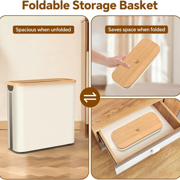 Toilet Paper Storage w/Bamboo Lid, 33.8L Foldable Toilet Paper Basket Organizer - Picture 4 of 7